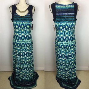 New! R&M Richards Maxi Dress Size 10 Blue Geo Boho Sleeveless Stretch Knit